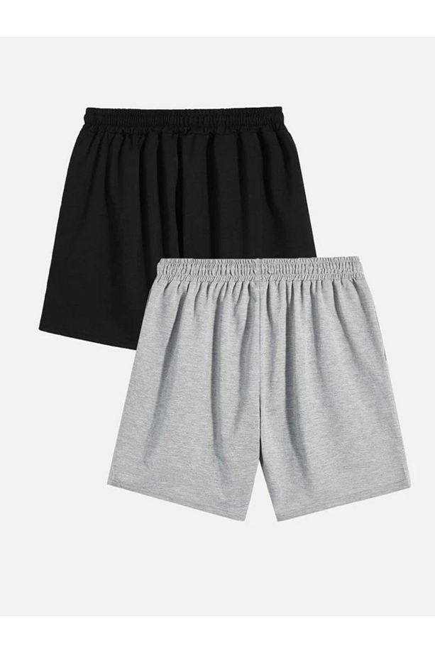 Unisex Siyah-Gri 2'Li Basic Penye Şort - 2