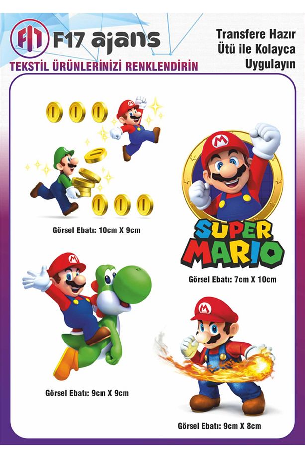 Ütü ile Yapışan Tekstil DTF Transfer Baskı Süper Mario 4'lü Set - 1