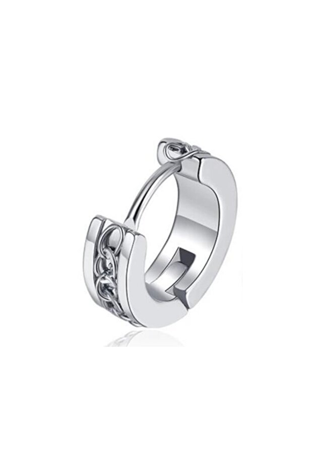 Unisex Silver Chain Detailed Steel Hoop Earrings