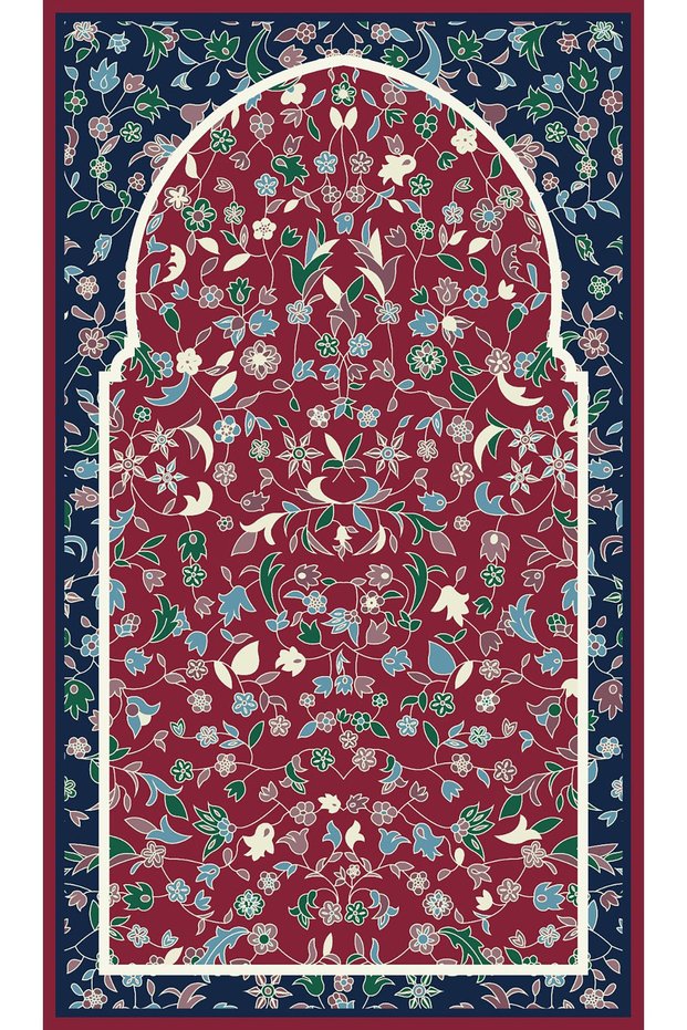 Navy Blue Burgundy Shades Floral Geometric Patterned Prayer Rug 70x120