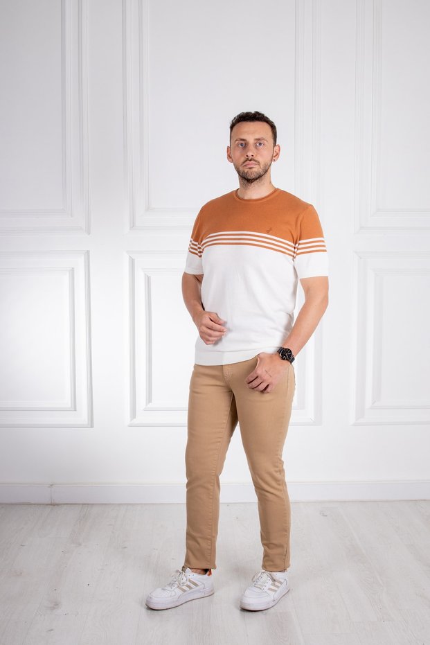 İnterview Wrap O Neck 100% Cotton Brick Color Fine Knitwear T-Shirt