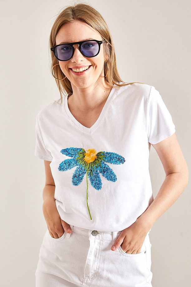 Kadın Papatya Işlemeli Tshirt - 4
