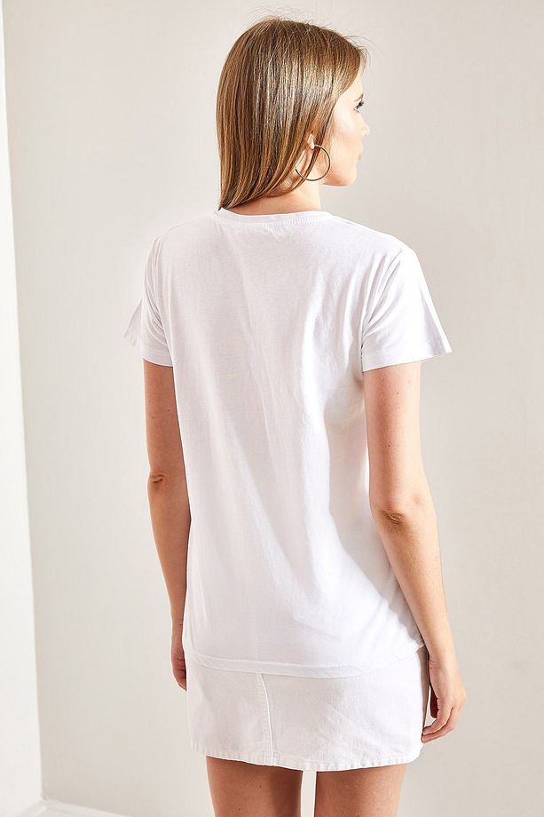 Kadın Kuş Işlemeli Basic Tshirt - 4