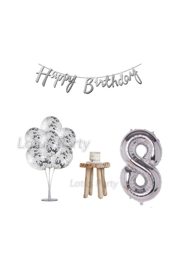 8 Years Silver Minimal Birthday Party Set Balloon Stand Silver Flake Silver Number Silver Happy Lettering