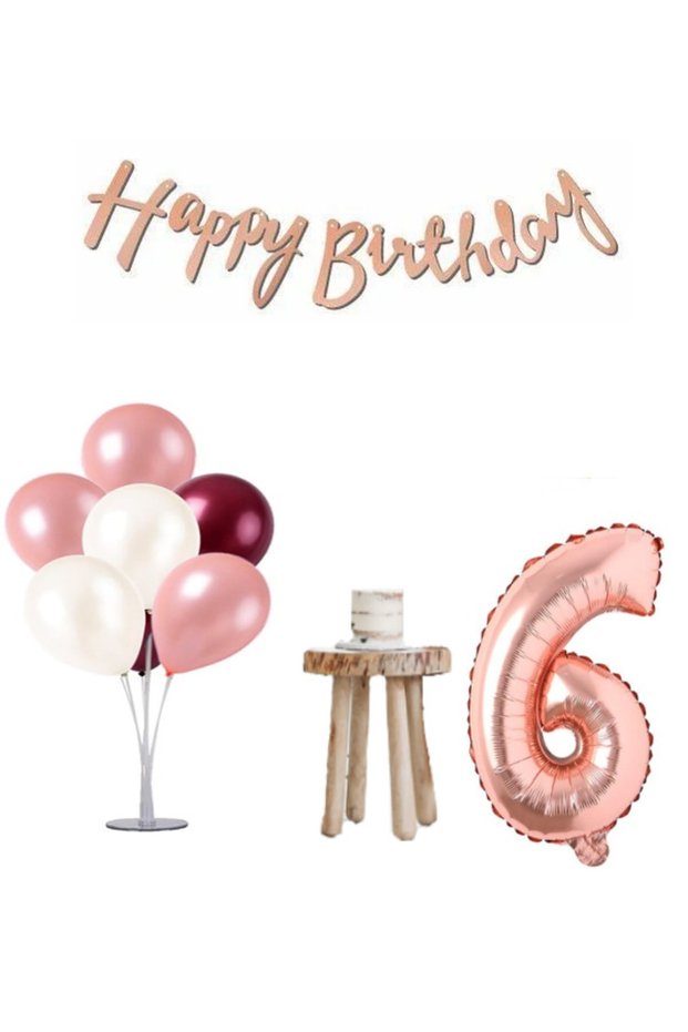 6 Year Old Rose Gold and Claret Red Minimal Birthday Party Set Balloon Stand Rose Gold Number and Happy Text