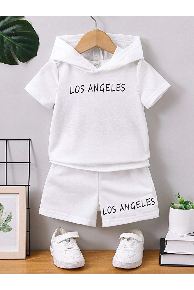 Los Angeles Printed Summer Hooded T-shirt Shorts Kids Set