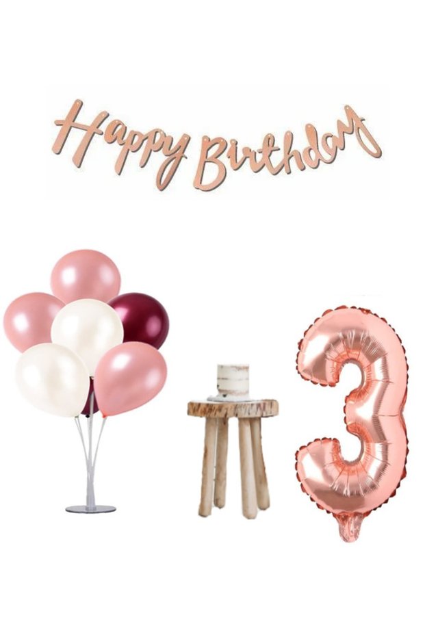 3 Years Old Rose Gold and Claret Red Minimal Birthday Party Set Balloon Stand Rose Gold Number and Happy Text