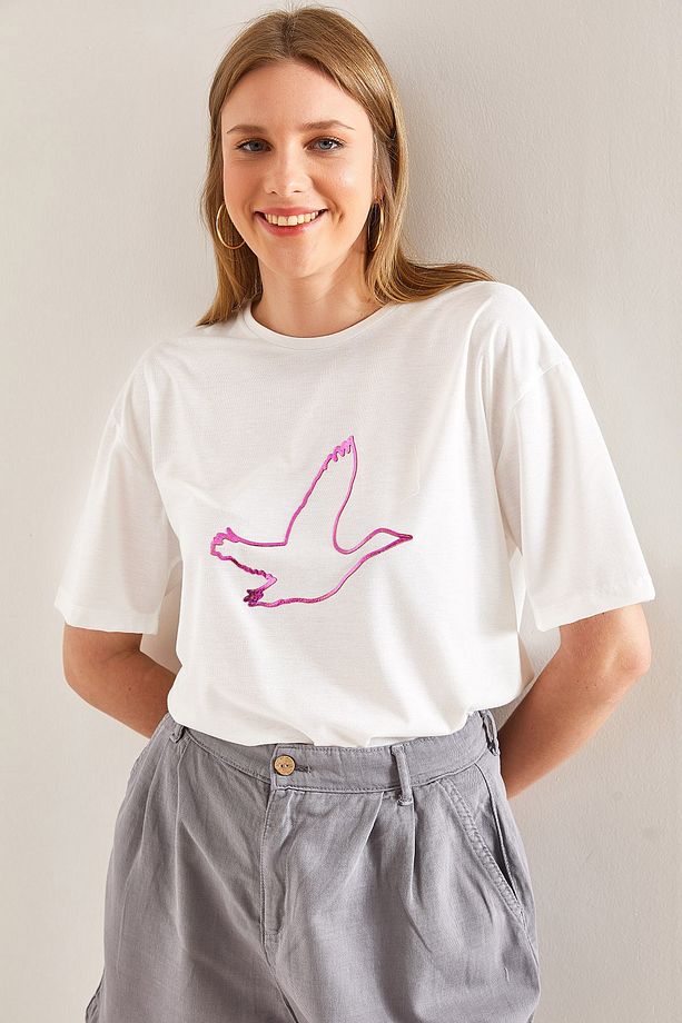 Kadın Kuş Işlemeli Basic Tshirt - 4