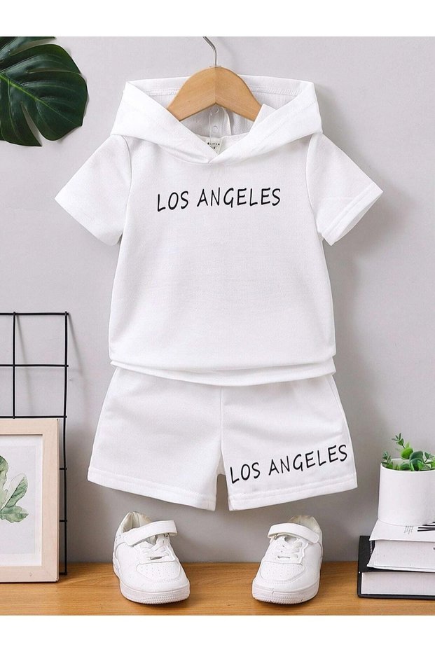 Los Angeles Printed Summer Hooded T-shirt Shorts Kids Set
