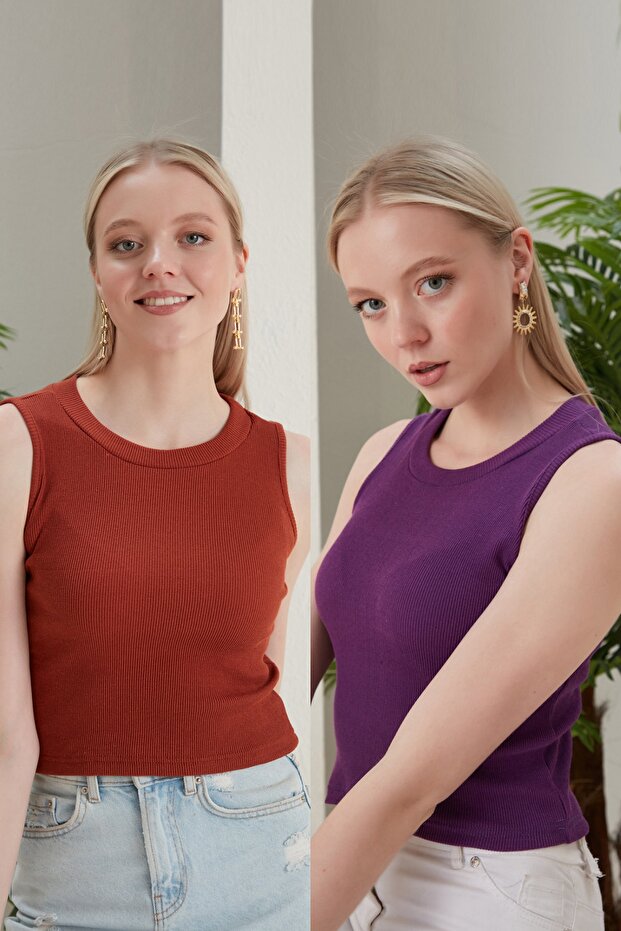Women's Brick Purple Halter Neck 2-Piece Crop Blouse