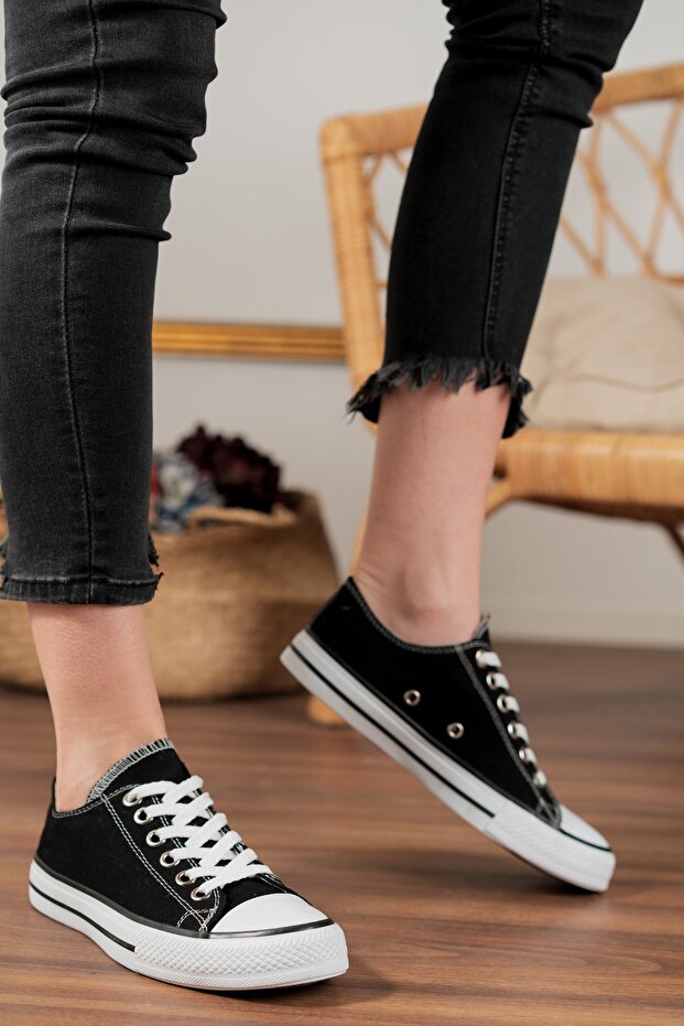 Unisex Black Short Linen Lace-up Sneakers Sneakers