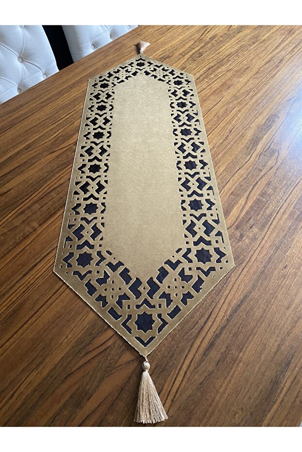 Seljuk Model Coffee Table Runner Gold Color Black Honey Tulle