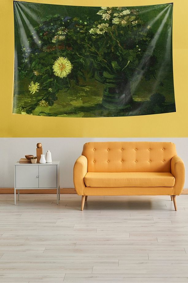 Vazodaki Sarı Papatyalar Leke Tutmaz Kumaş Duvar Örtüsü Duvar Halısı Tapestry - 3