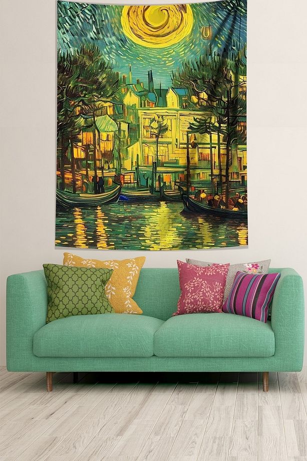 Yıldızlı Geceler Van Gogh Leke Tutmaz Kumaş Duvar Örtüsü Duvar Halısı Tapestry - 1