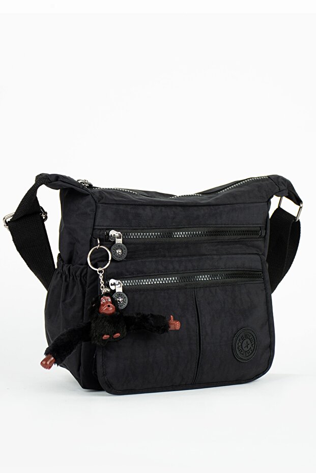 Women's 8 Compartment Crinkle Cross Shoulder Strap Bag & Casual Black Bag