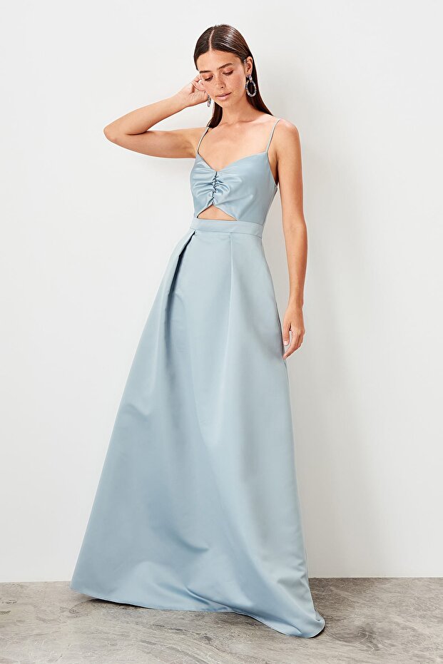 Mavi Bel Dekolteli Abiye Elbise TPRSS19VF0041 - 3