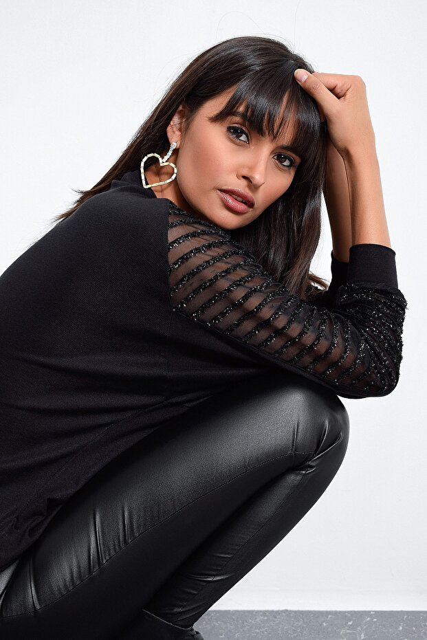 Women's Black Sleeve Detailed Blouse BK3027
