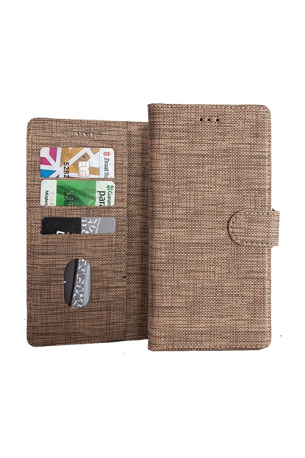 Samsuıng Galaxy A20 Case with Stand, Business Card and Money Compartment Fabric Pattern Gold