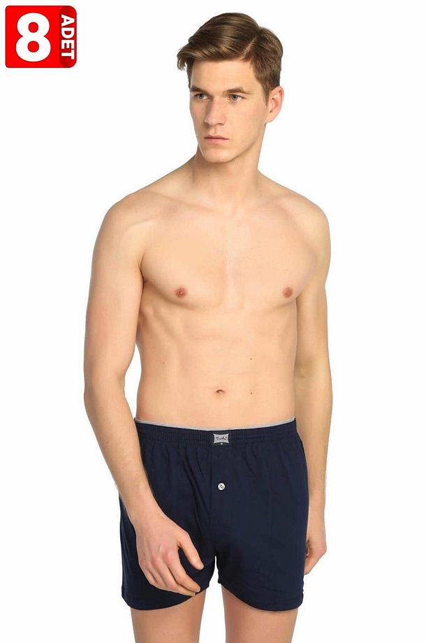 Erkek 8'Li Paket %100 Pamuk %100 Pamuk Penye Düz Renk Düğmeli Boxer - 1