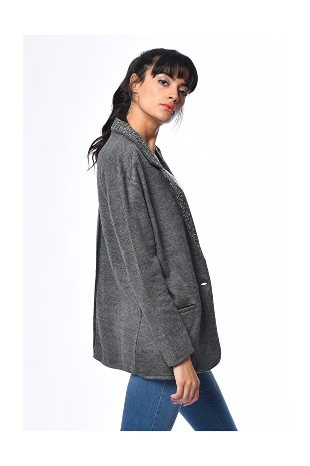 Yakası Pullu Ceket - Antrasit - 2