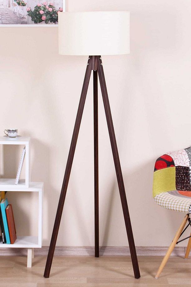 Luxury Avıze Tripod 3 Ayaklı Lambader Yuvarlak Krem Başlık Kahve Ayak - 1