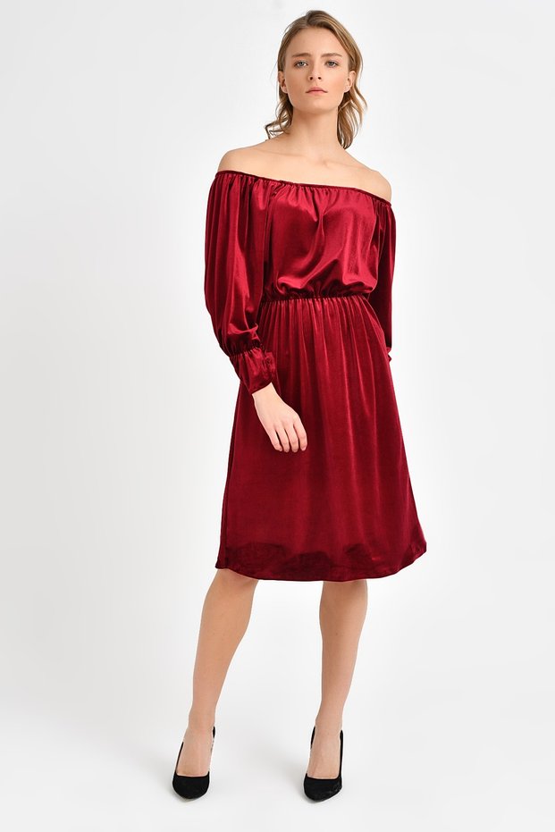 Shoulder Detailed Velvet Dress Burgundy EBT2745