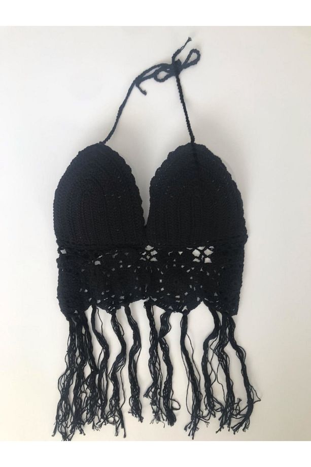 Bayan Siyah Örgü Bralet Dantelli Büstiyer Sütyen Plaj Elbisesi - 1