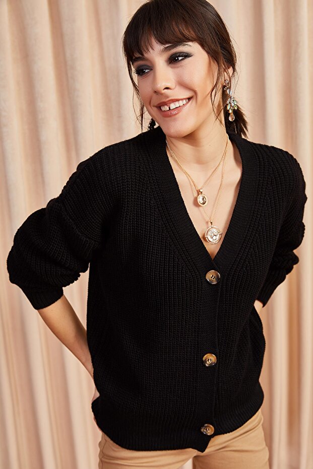Women's Black Buttoned Cardigan HRK-19000046