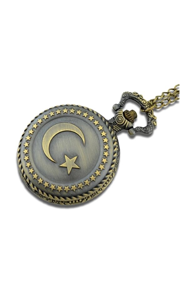 Chain Pocket Watch with Crescent and Star Turkish Flag Design Pocket Watch