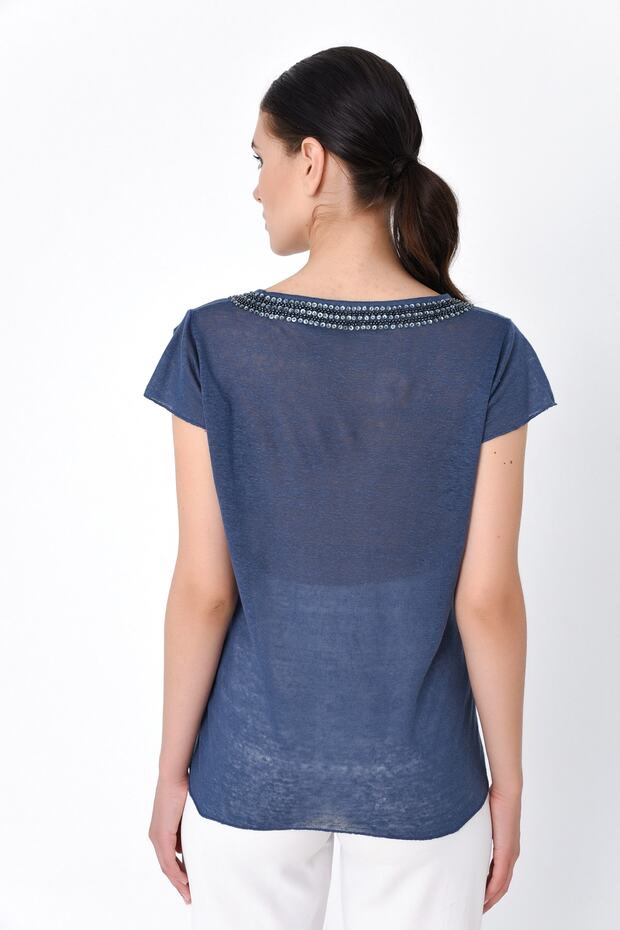 Kadın Lacivert Boncuk Işlemeli Basic Tshirt - 4