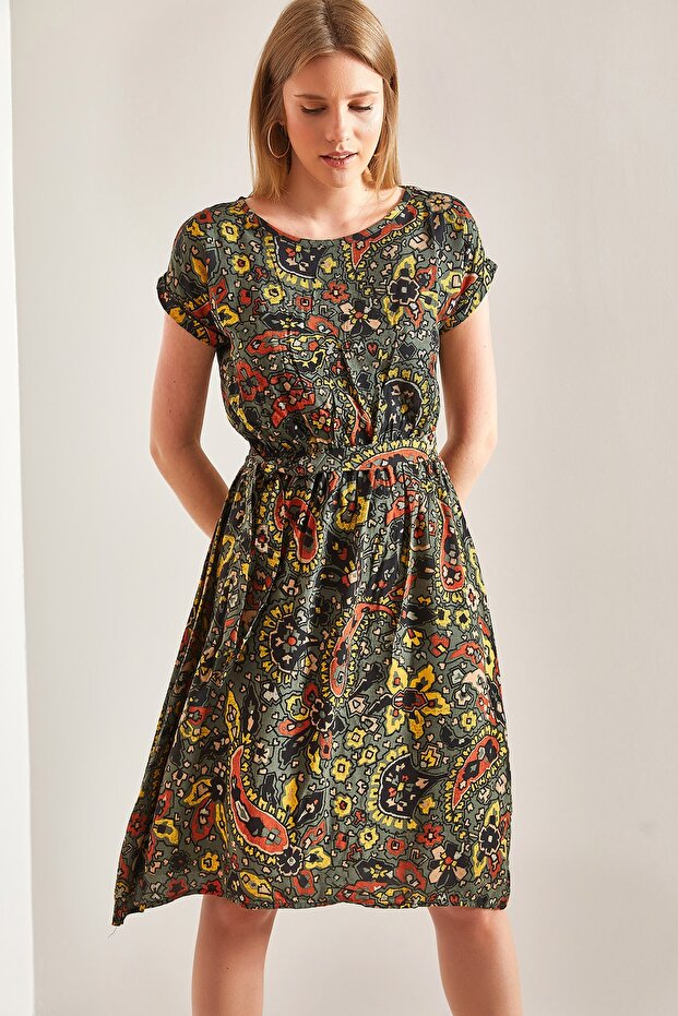 Women's Khaki Short Sleeve Ethnic Pattern Elastic Waist Midi Length Dress 10041008