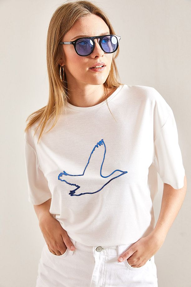 Kadın Kuş Işlemeli Basic Tshirt - 6