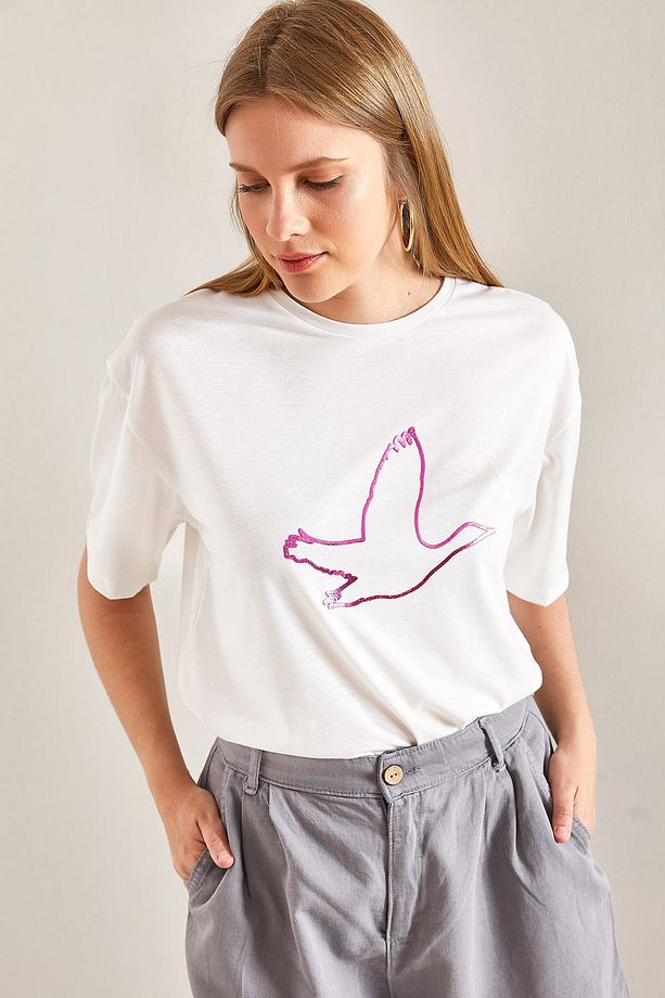 Kadın Kuş Işlemeli Basic Tshirt - 3