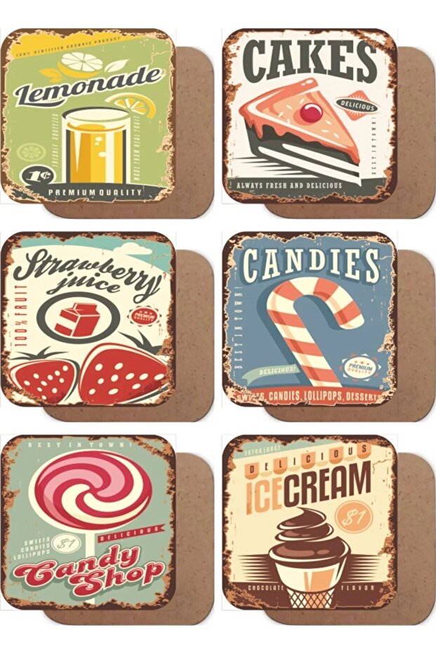Food Beverage Candy Themed Retro Set of 6 Wooden Coasters