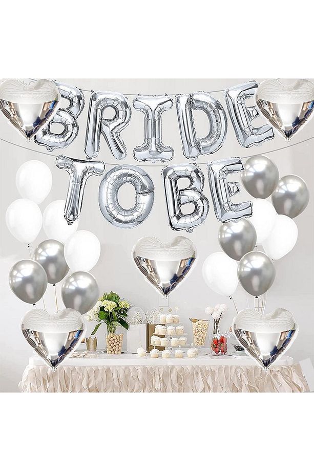 Bride To Be Gümüş Folyo Balon Seti, 5 Adet Kalp Folyo Ve Lateks Balon - 3