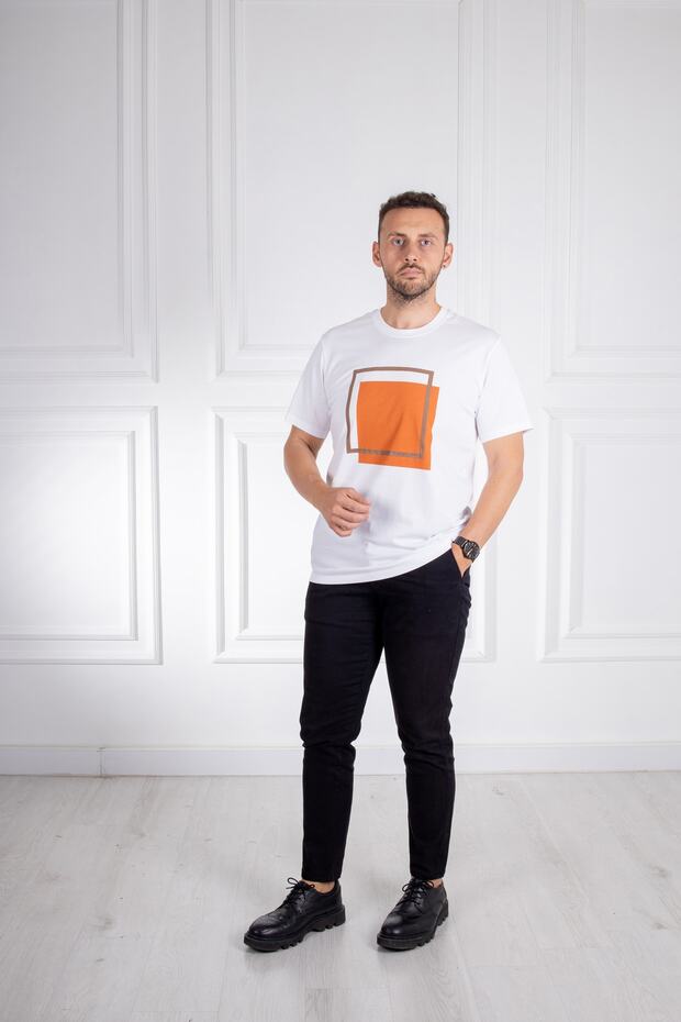 İnterview Wrap O Neck Basic Printed 100% Cotton White Orange T-Shirt