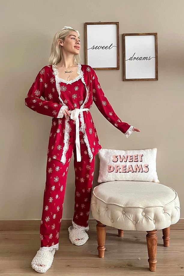 Kırmızı Papatya Desenli Sabahlıklı Pegasus Pijama Takımı - 5