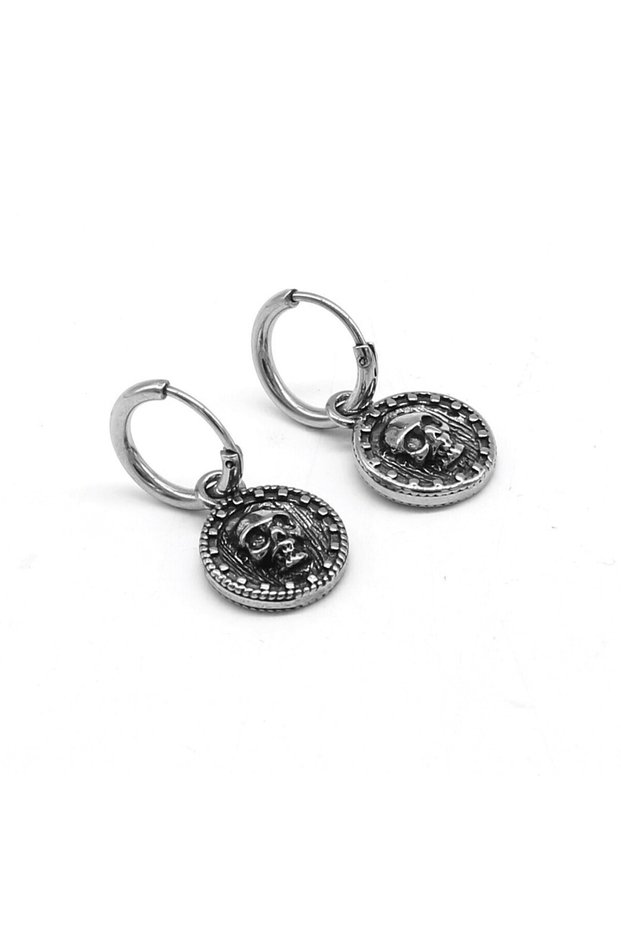 Skull Medallion Dangle Hoop Gothic Snap-on 316L Steel Earrings