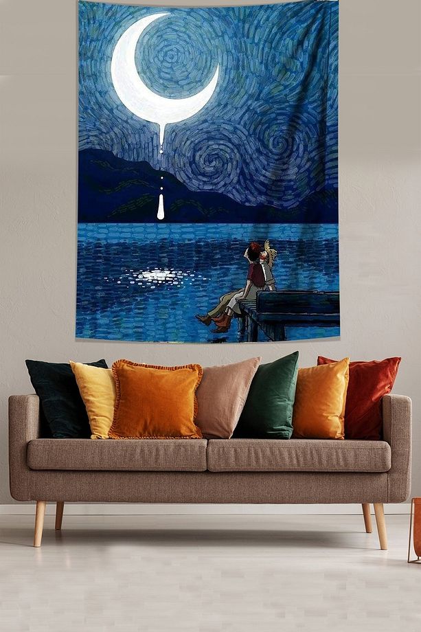 Van Gogh Iskelede Yıldzlı Gece Leke Tutmaz Kumaş Duvar Örtüsü Duvar Halısı Tapestry - 1