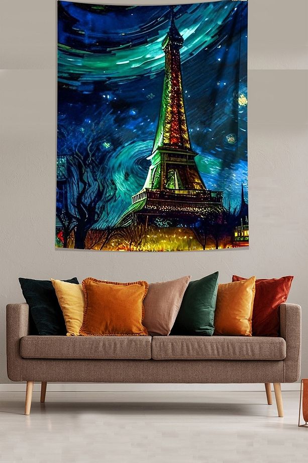 Van Gogh Yıldızlı Geceler Ve Eyfel Kulesi Leke Tutmaz Kumaş Duvar Örtüsü Duvar Halısı Tapestry - 3