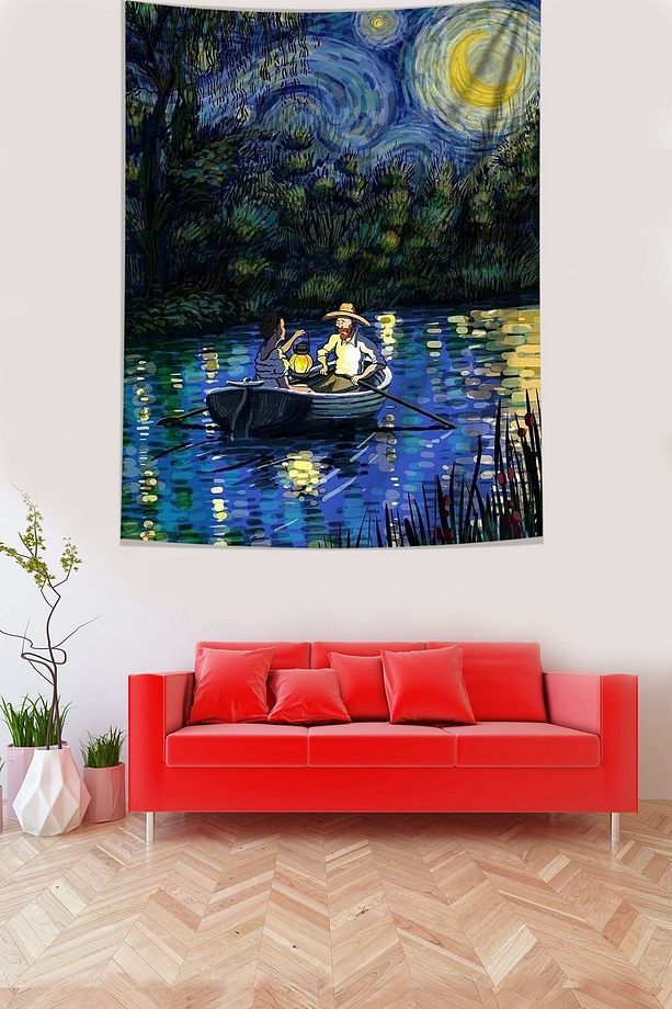 Yıldızlı Gecelerde Kayıkta Van Gogh Leke Tutmaz Kumaş Duvar Örtüsü Duvar Halısı Tapestry - 3