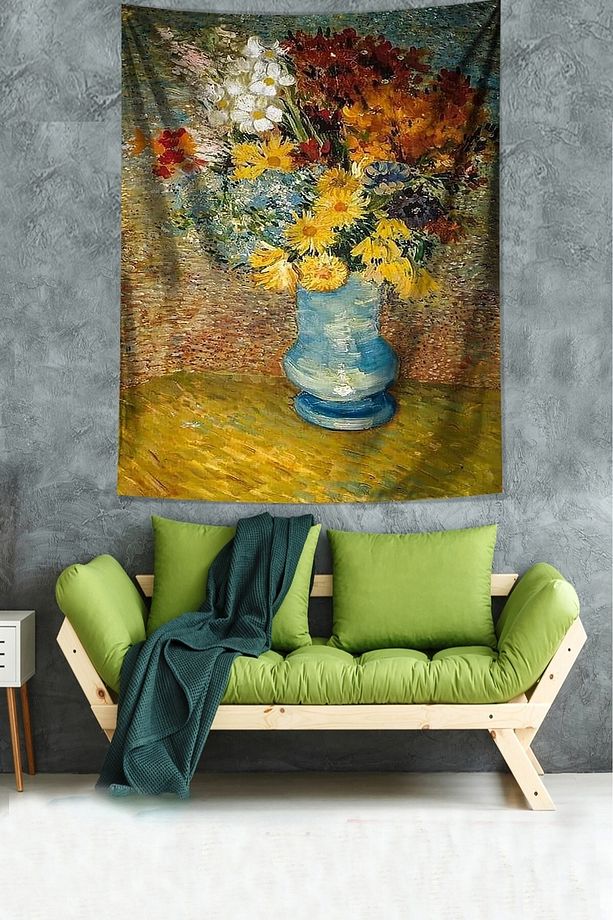 Van Gogh Vazodaki Çiçekler Leke Tutmaz Kumaş Duvar Örtüsü Duvar Halısı Tapestry - 1
