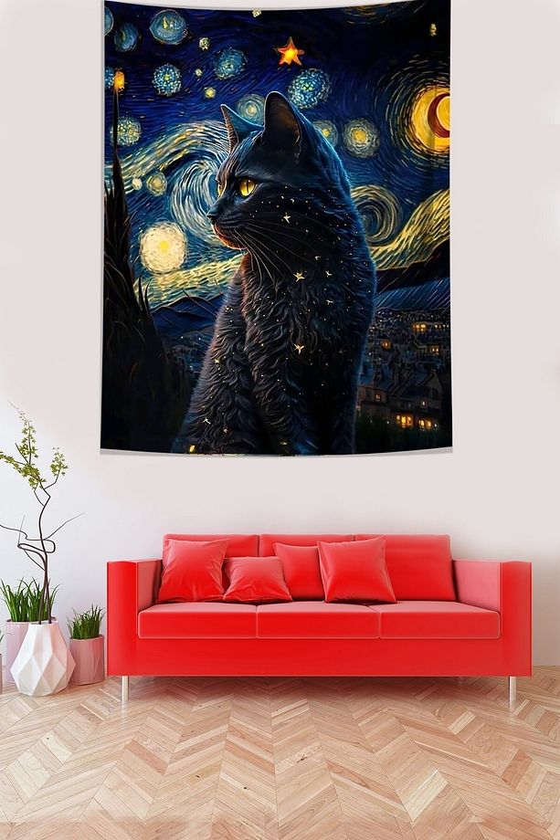 Yıldızlı Geceler Ve Sevimli Kedi Leke Tutmaz Kumaş Duvar Örtüsü Duvar Halısı Tapestry - 2