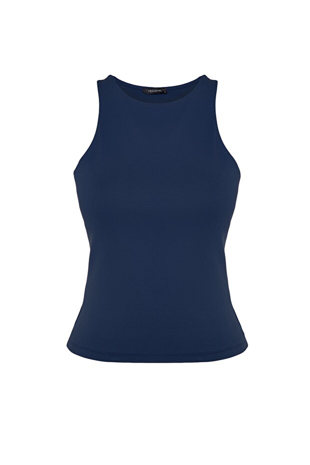 Lacivert Pamuklu Halter Yaka Fitted/Vücuda Oturan Esnek Örme Atlet TWOSS23AL00069 - 7