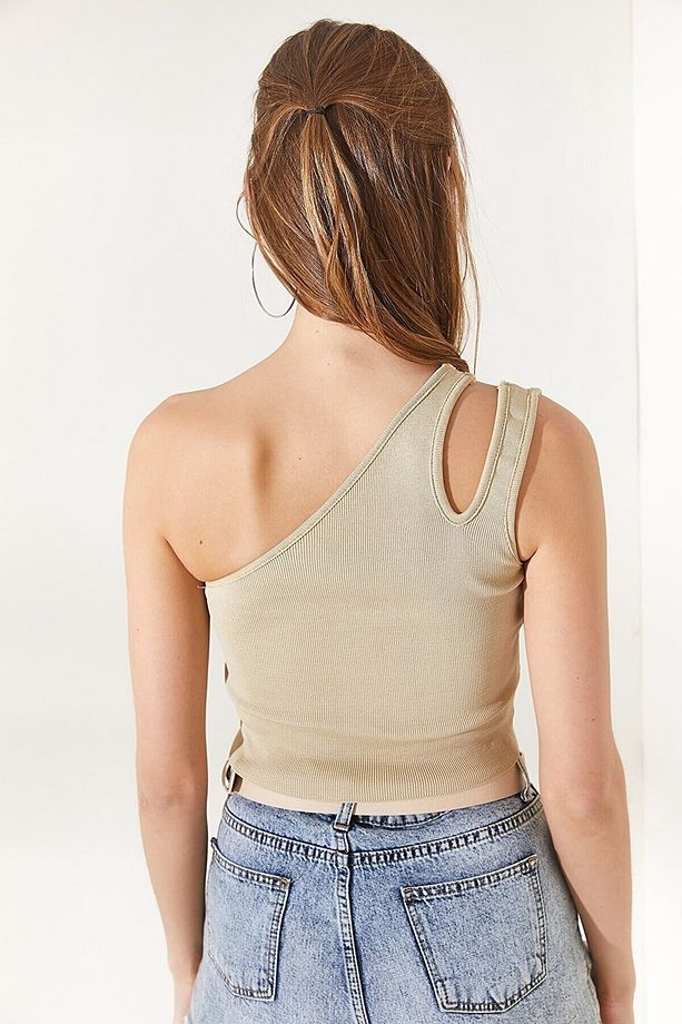 SU YEŞİLİ Tek Omuz Detaylı Çift Askılı Fitilli Likralı Crop Bluz - 5