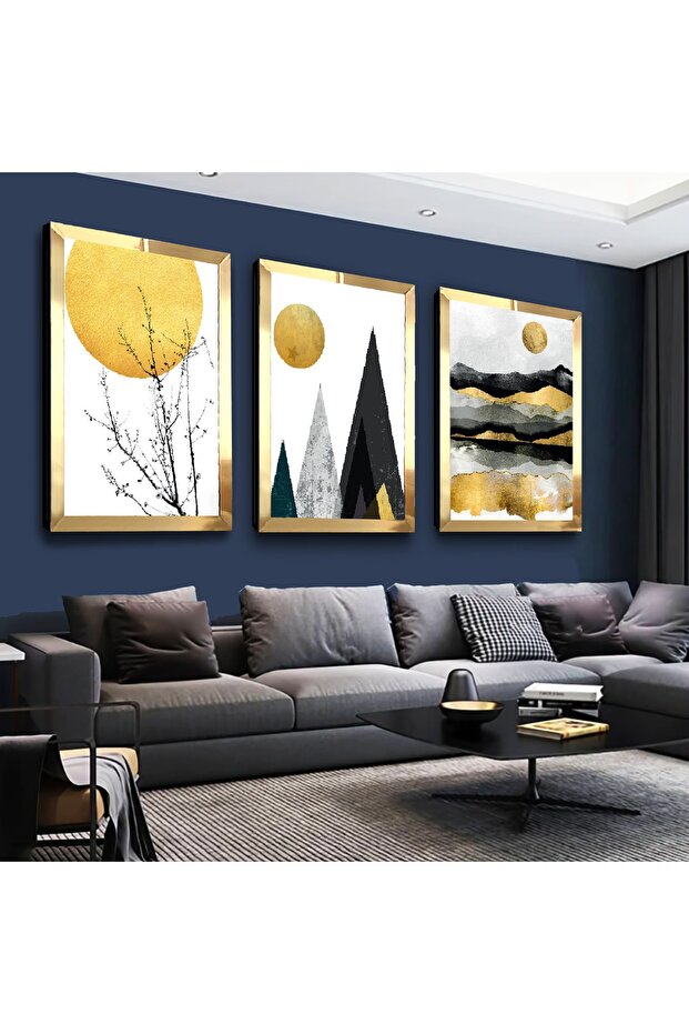 Gold Mirrored Plexiglass Framed Collage Drawing Sun and Mountain Triple Mdf Painting Set