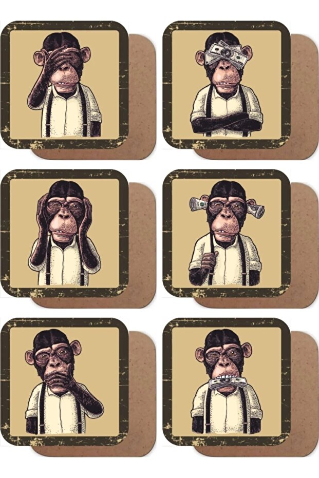 ثلاثة قرود مجموعة من 6 قواعد أكواب خشبية