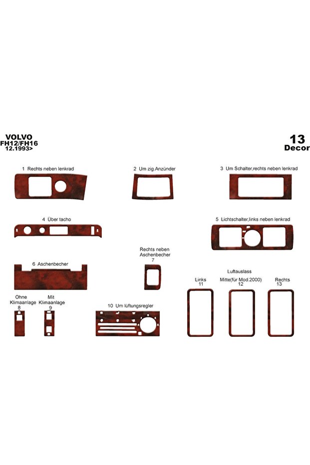 Meriç ® Volvo Fh 12/16 Front Glove Box Coating Mahogany 13 Pieces 1993-2002