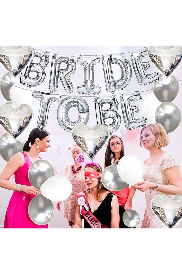 Bride To Be Gümüş Folyo Balon Seti, 5 Adet Kalp Folyo Ve Lateks Balon - 4