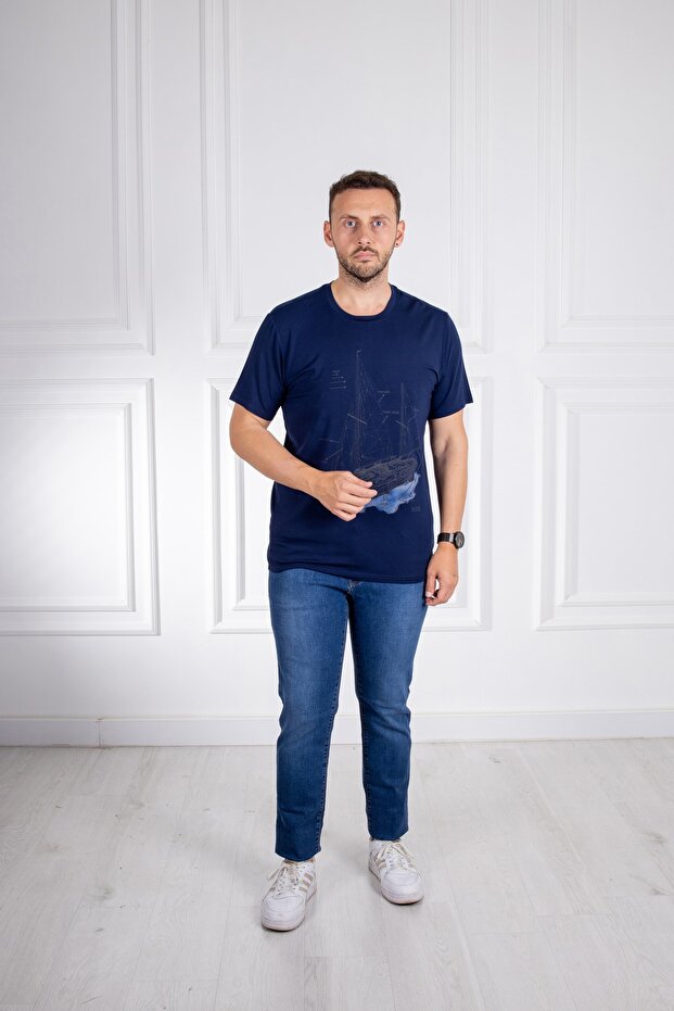 İnterview Sarar O Yaka Basic Baskılı Lacivert T-Shirt - 3